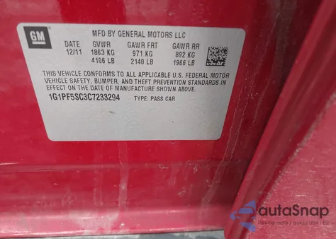 2012 Chevrolet Cruze 1Lt from USA, damaged, VIN 1G1PF5SC3C7233294